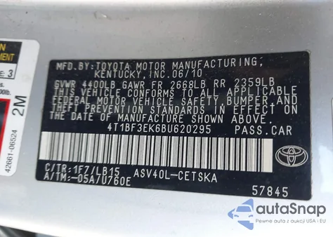 2011 Toyota Camry Se from USA, damaged, VIN 4T1BF3EK6BU620295
